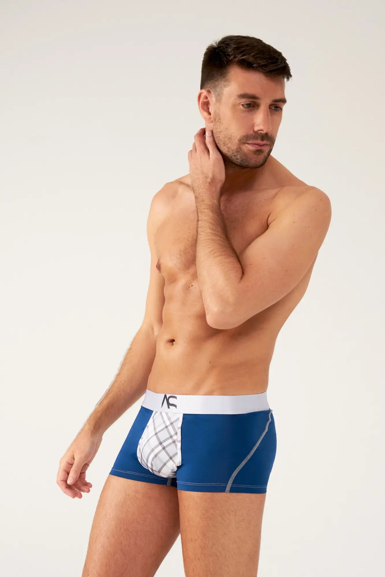 Blue boxer briefs saltire combo trunks with white plaid front and silver stitching on the sides