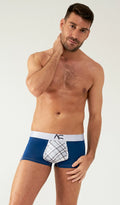 Blue boxer briefs saltire combo trunks with white plaid pouch and white waistband featuring ac logo
