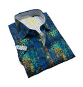 Sandro S/S buttondown vibrant blue men’s dress shirt with bold green yellow teal concentric circle geometric pattern
