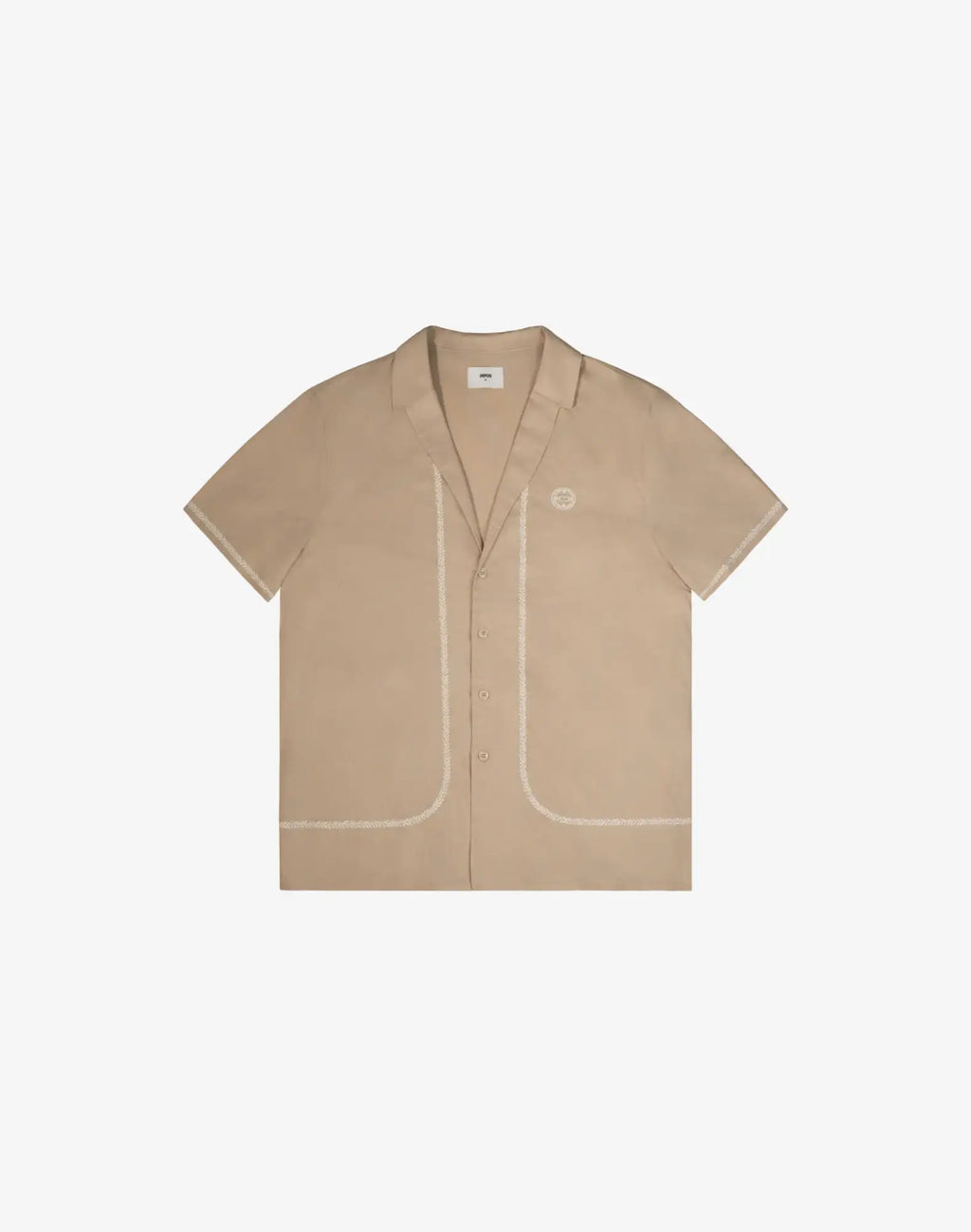 Beige santorini linen shirt with short sleeves button-up front contrasting stitching and embroidered logo on left chest