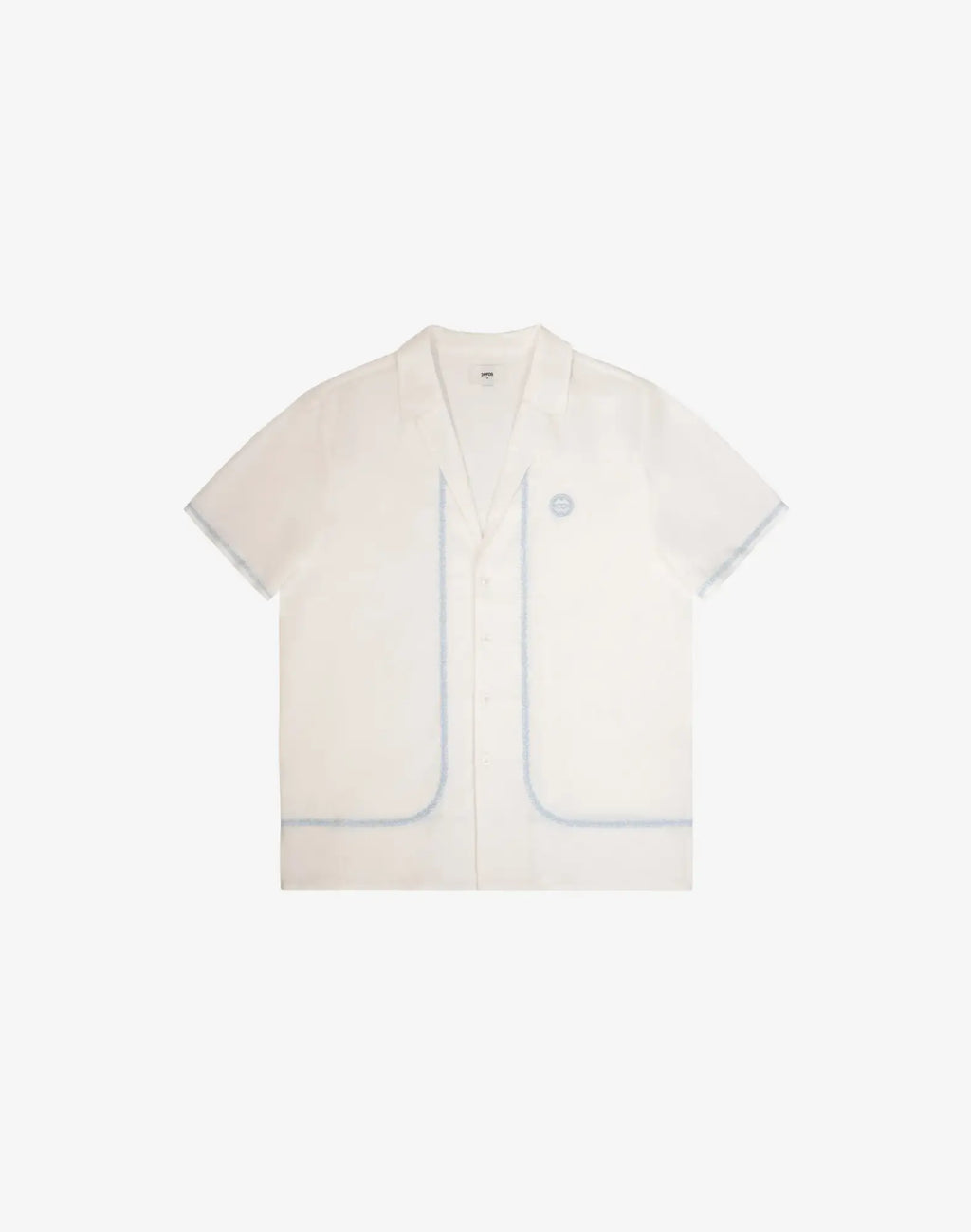 Santorini linen shirt in crisp white with subtle light blue piping on front pockets and seams short-sleeved button-up