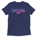 Navy blue heathered cotton t-shirt featuring vibrant multi-colored sashay graphic with purple and pink lettering