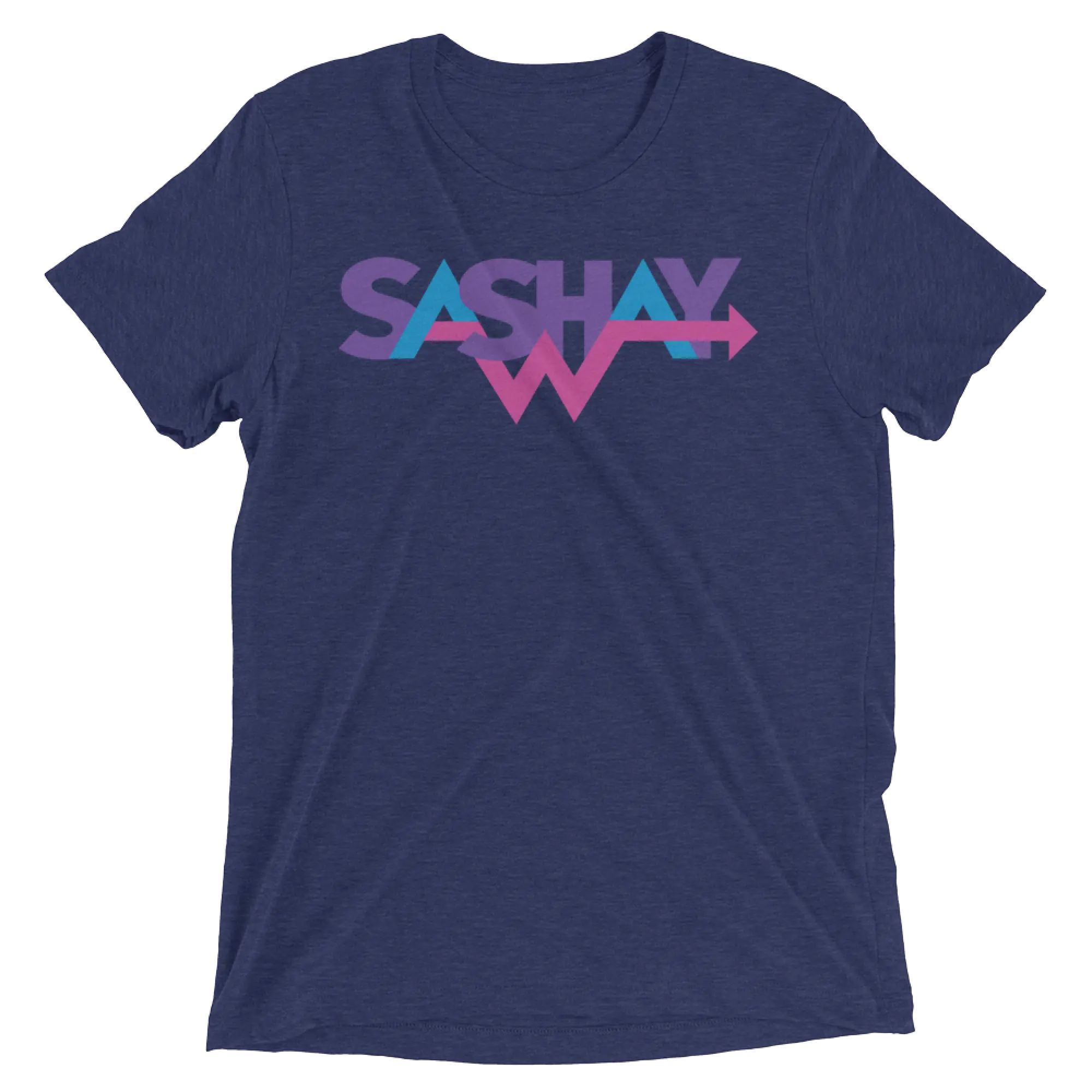 Navy blue heathered cotton t-shirt featuring vibrant multi-colored sashay graphic with purple and pink lettering