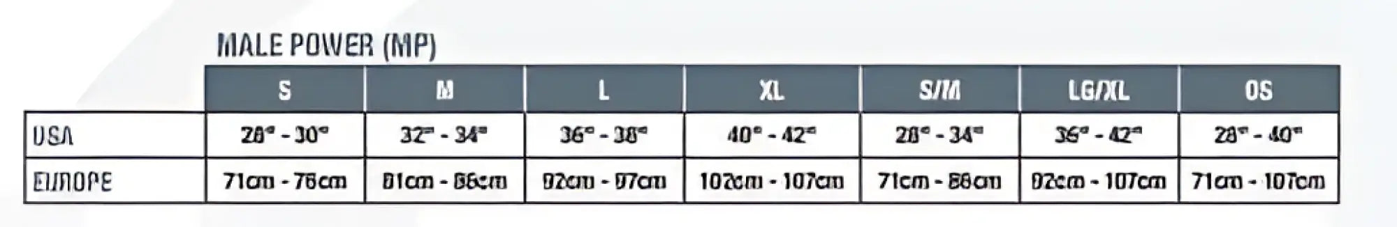 Size chart for satin bong thong red lxl showing male apparel sizes in us and european measurements
