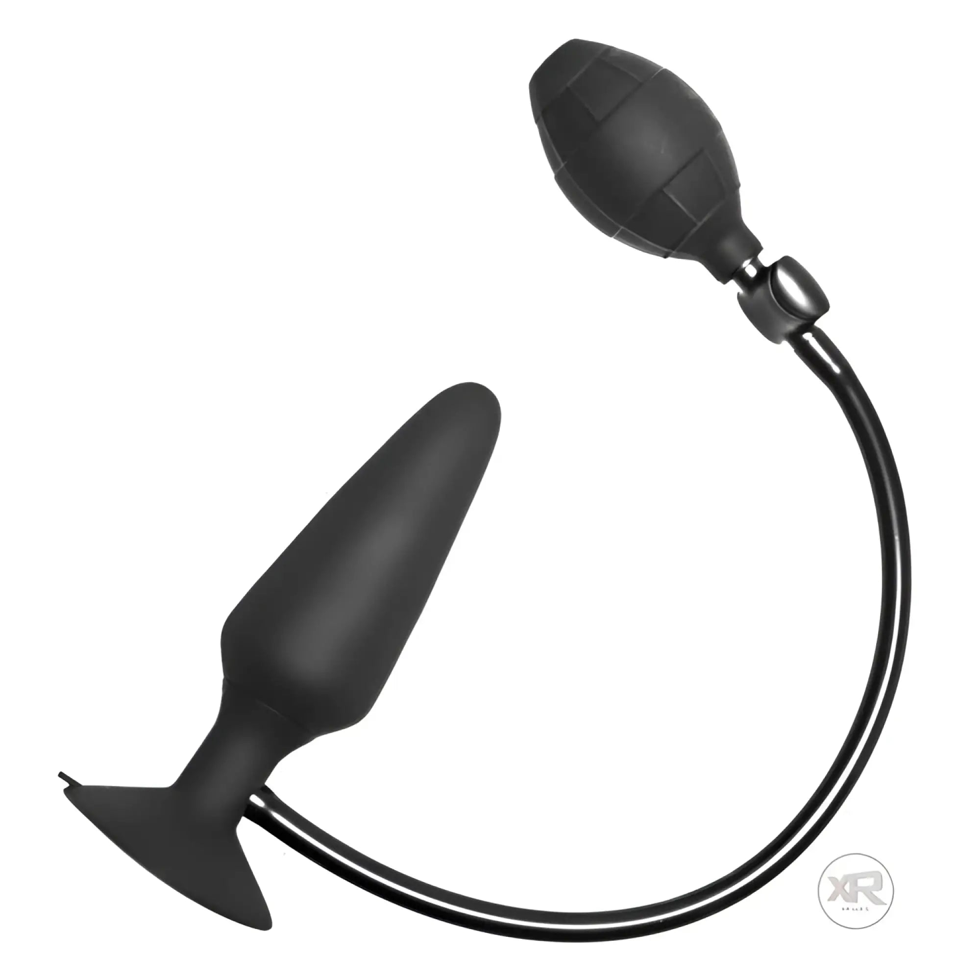 Black SC Novelties inflatable silicone butt plug with a suction cup base and an attached manual inflation pump.