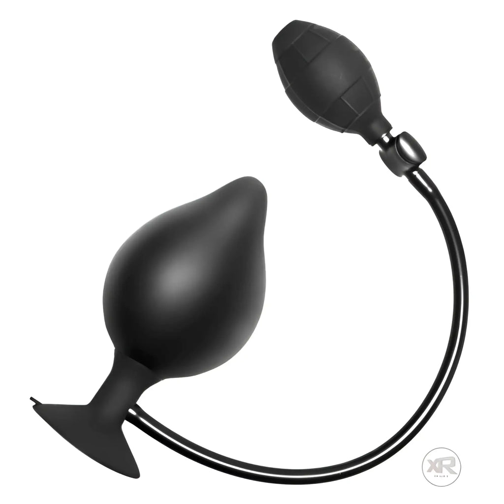 SC Novelties black inflatable silicone butt plug with suction cup base and manual hand pump on a white background.