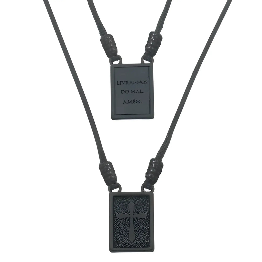 Black rectangular pendant scapular necklace with engraved cross and text on braided cord men’s jewelry