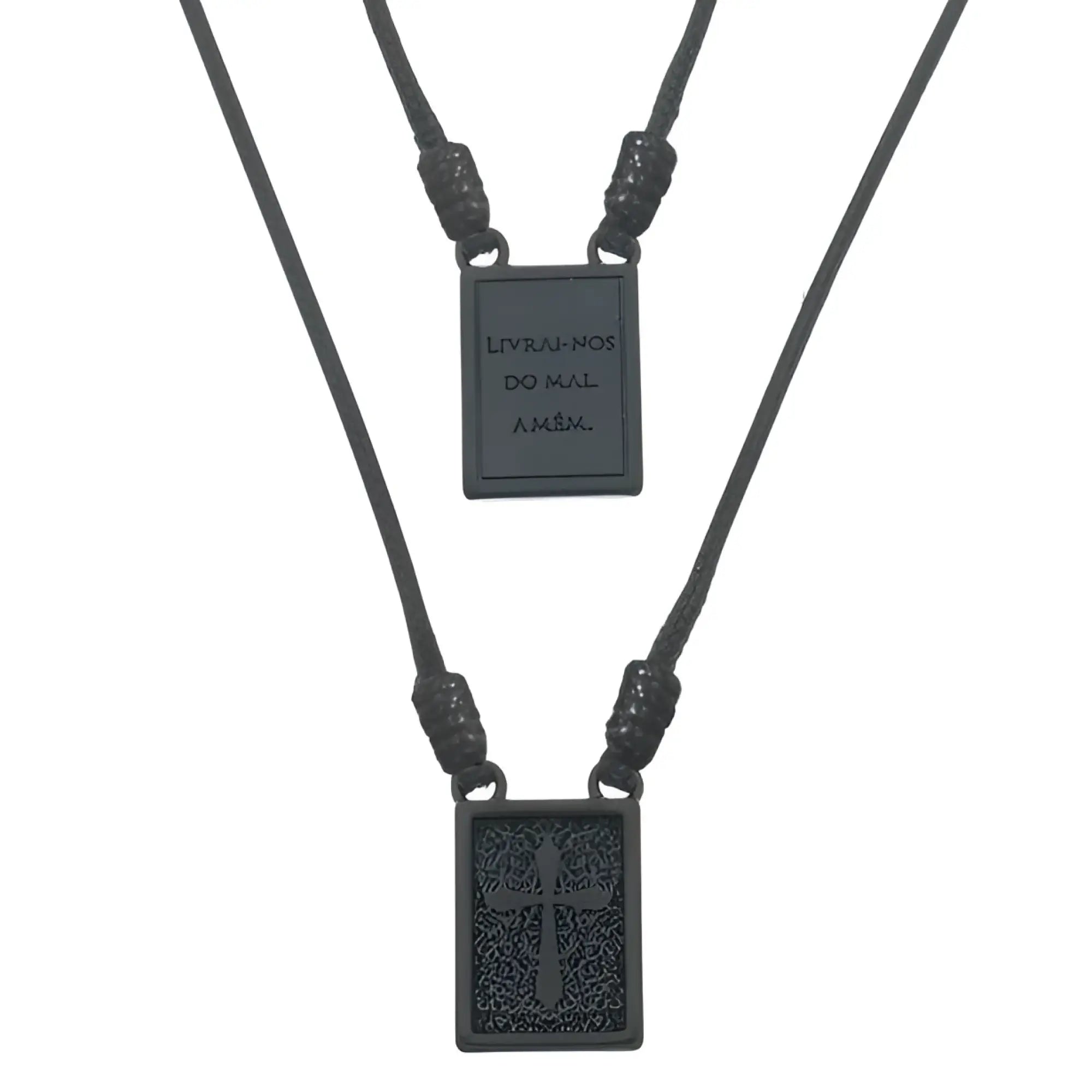 Black rectangular pendant scapular necklace with engraved cross and text on braided cord men’s jewelry