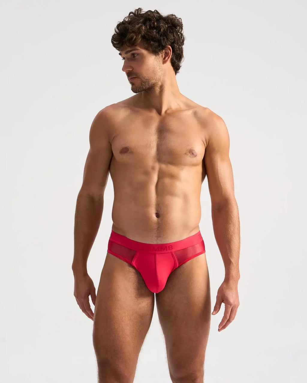 Bright red score sheer brief back side showing form-fitting briefs with a sheer mesh panel in nylon blend