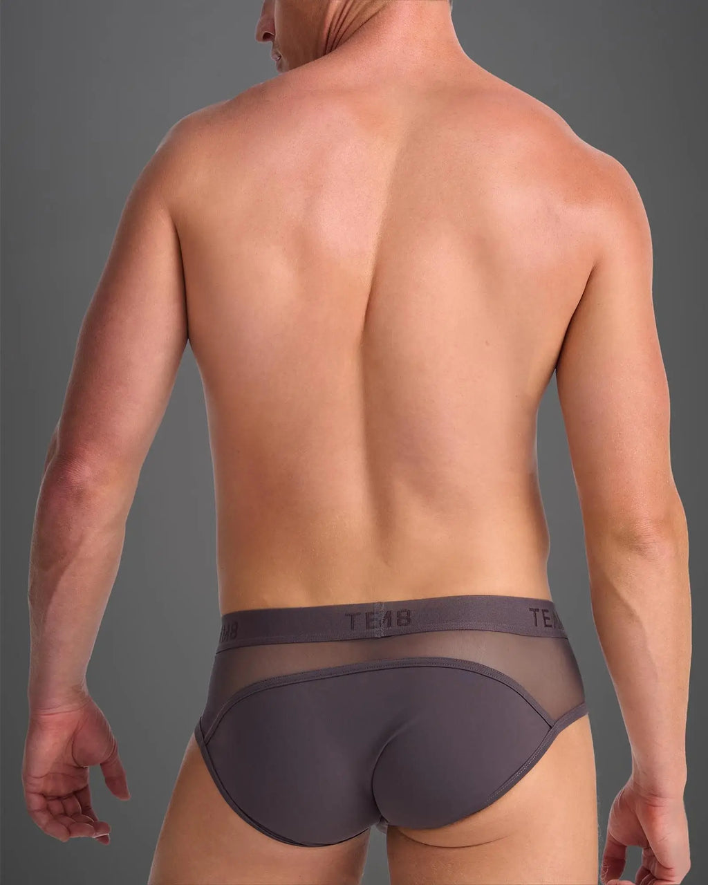 Dark gray score sheer brief with sheer mesh front and solid fabric back featuring teab logo waistband