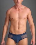Men’s navy blue score sheer brief with mesh side panels and a branded waistband for comfortable support