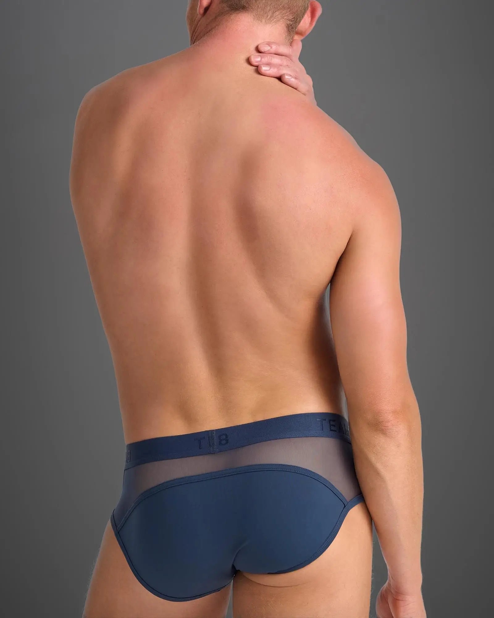 Score sheer brief navy blue briefs with mesh trim and sleek form-fitting design