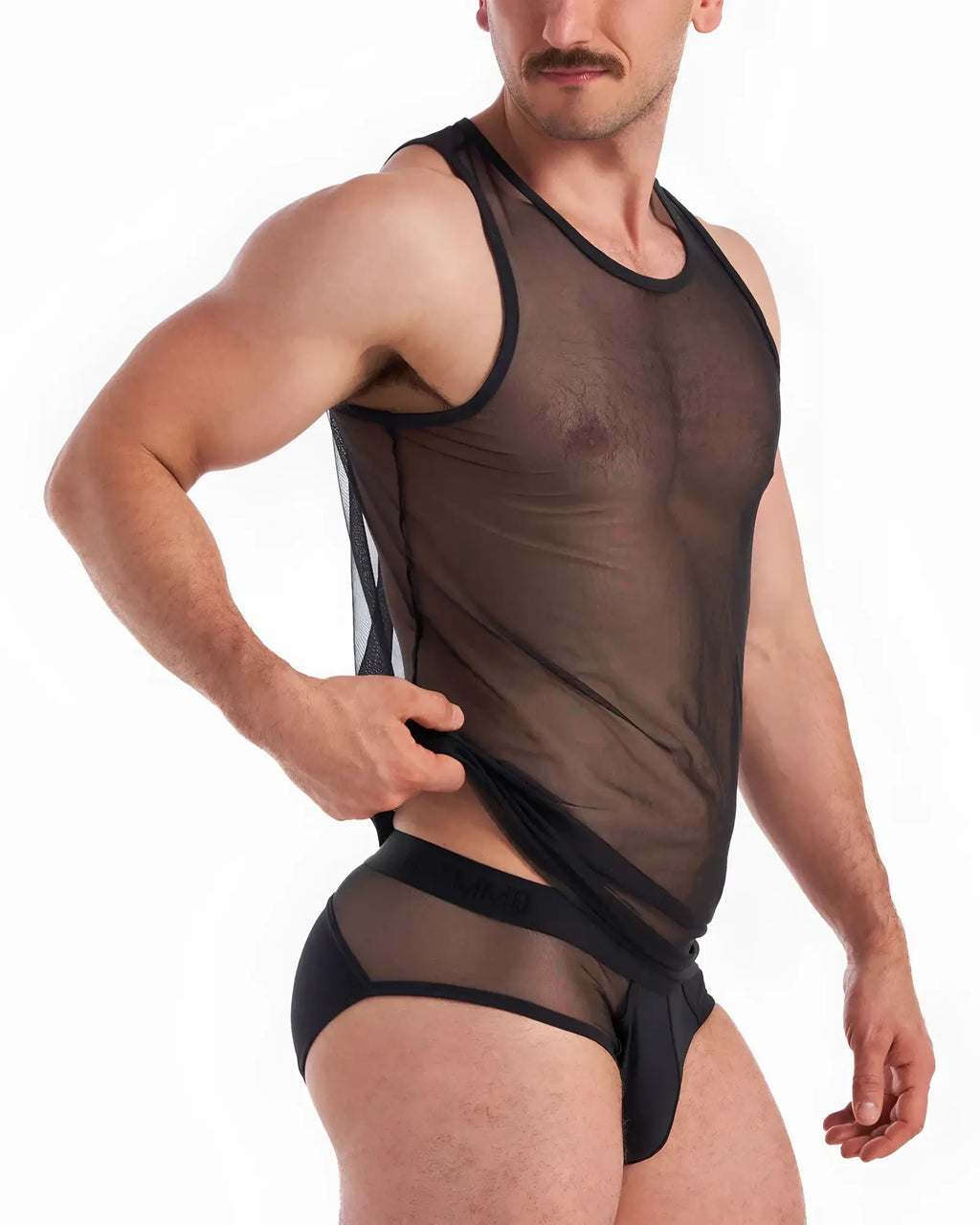 Black sheer mesh tank top with black trim score sheer tank showing front side details and texture