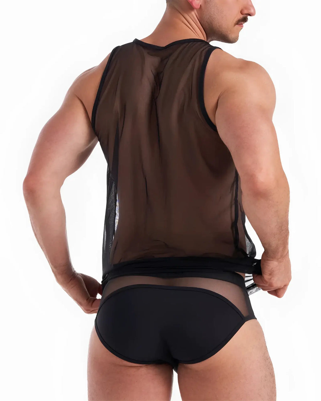 Black sheer mesh tank top with black trim and matching briefs shown from the back in score sheer tank set