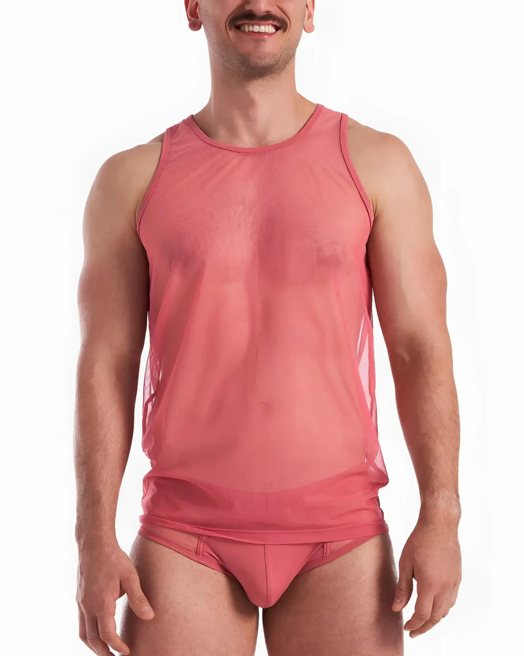 Coral-colored sheer mesh tank top score sheer tank with round neckline and side panels