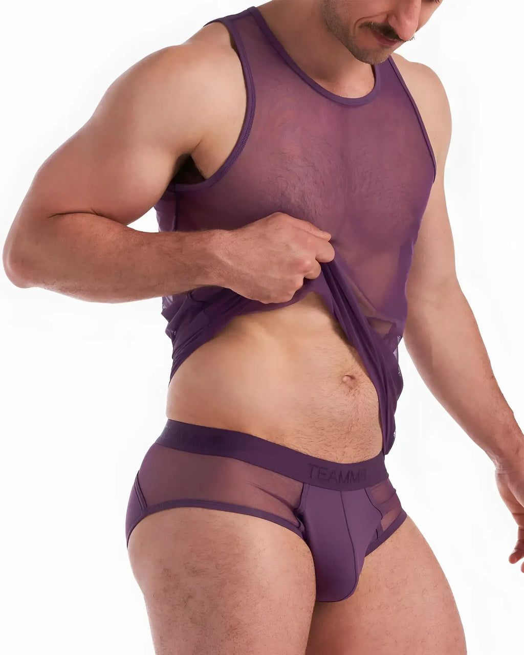 Purple sheer mesh tank top and matching briefs set with lightweight breathable fabric for stylish layering and comfort