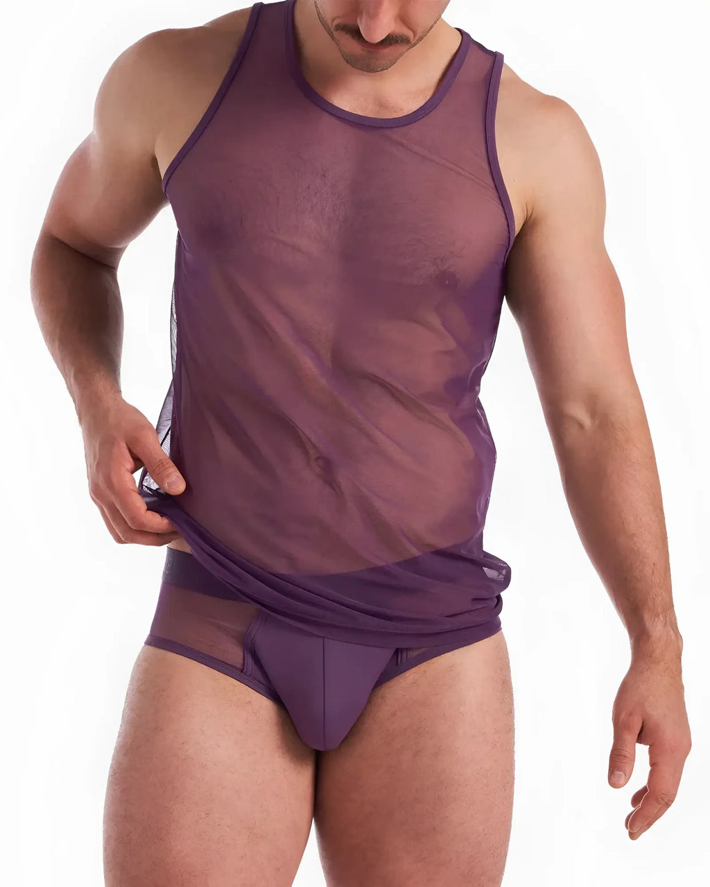 Purple sheer mesh tank top with solid purple trim score sheer tank front view