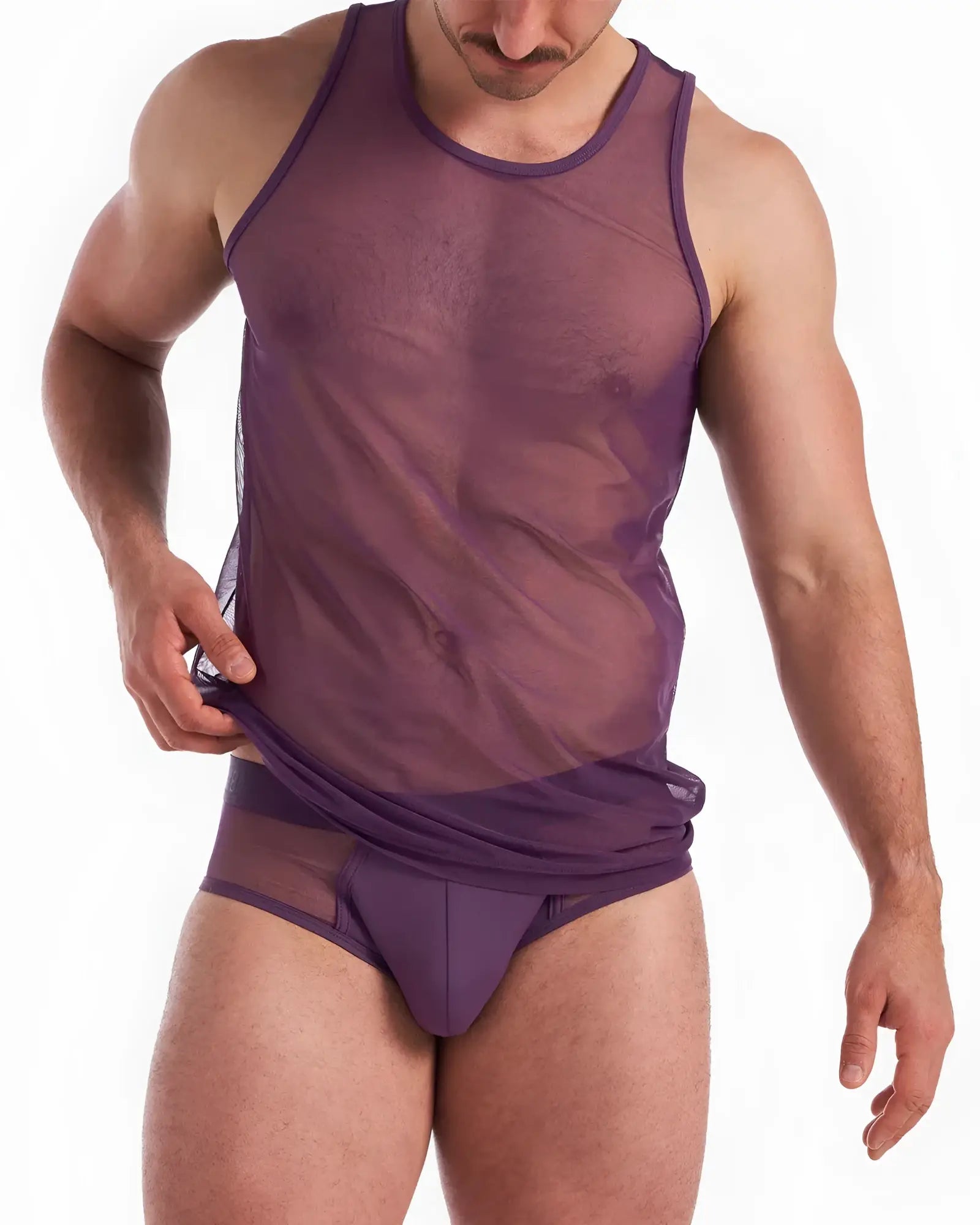Purple sheer mesh tank top with solid purple trim score sheer tank front view