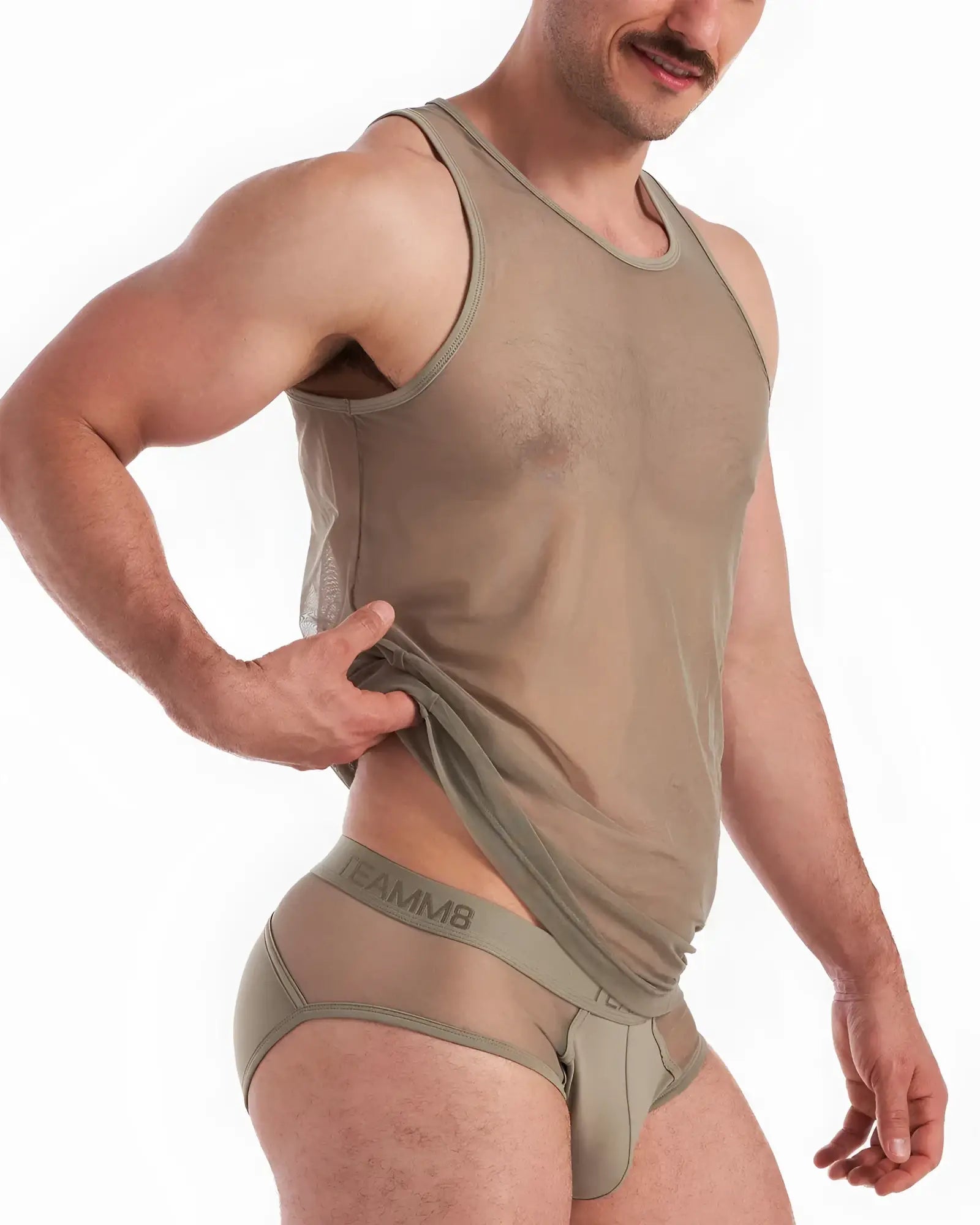 Tan sheer mesh tank top with teammb branded waistband designed for breathable activewear performance