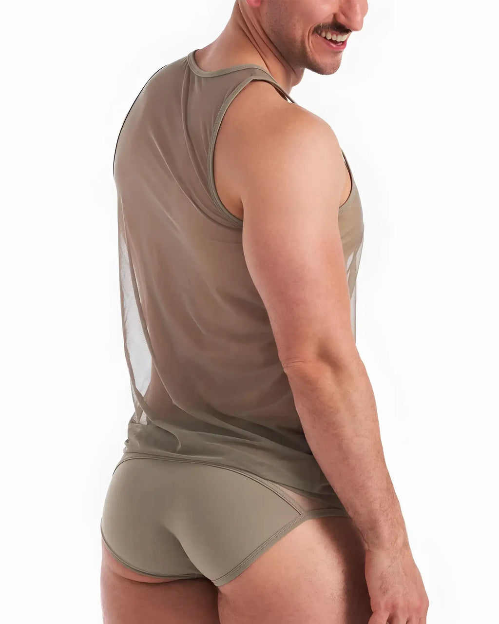 A taupe mesh score sheer tank top with sheer panels paired with matching high-waisted briefs
