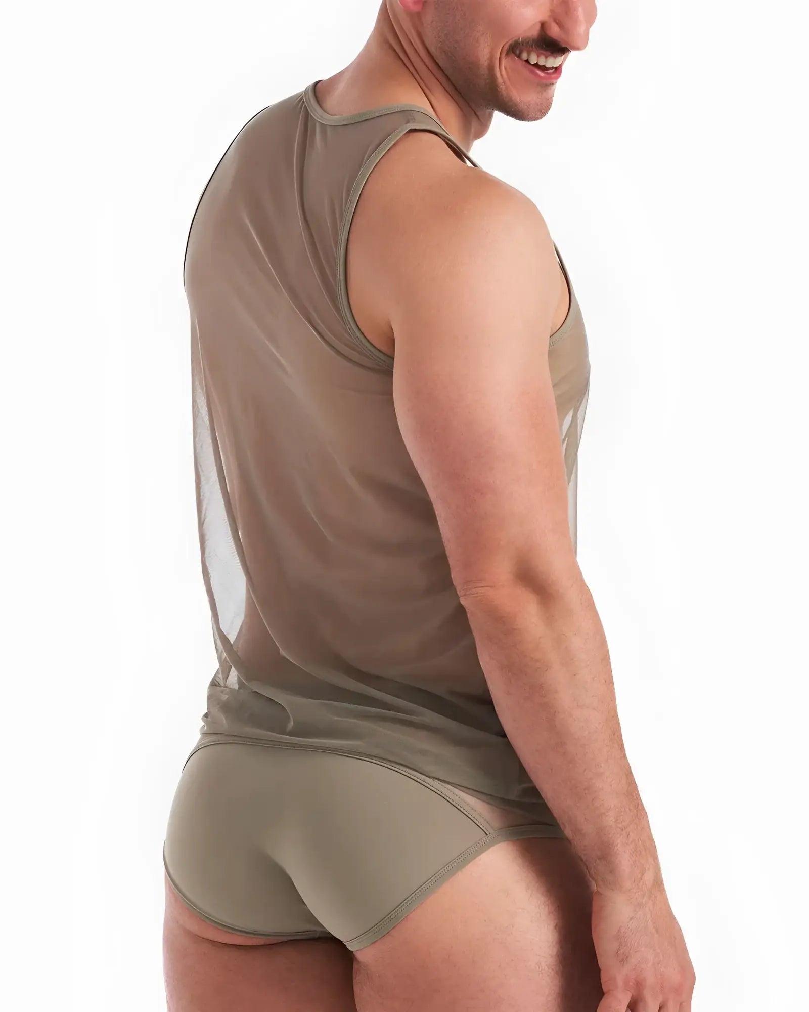 A taupe mesh score sheer tank top with sheer panels paired with matching high-waisted briefs