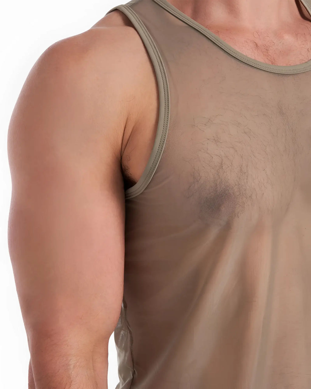 Score sheer tank taupe mesh tank top with solid olive green trim along neckline and armholes