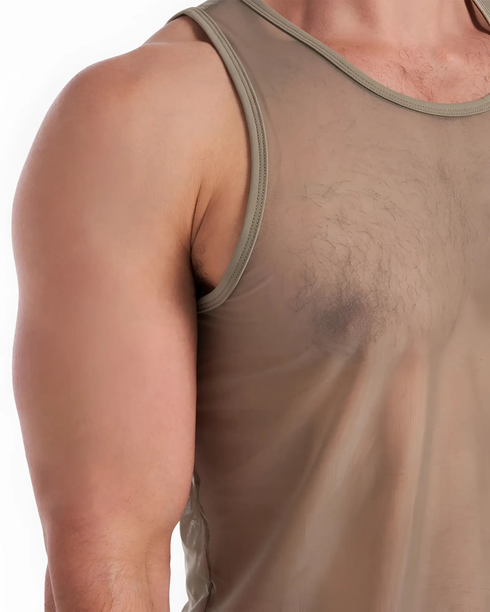Score sheer tank taupe mesh tank top with solid olive green trim along neckline and armholes