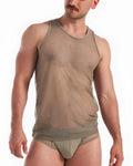 Score sheer tank translucent olive green mesh tank top with solid ribbed neckline and hem