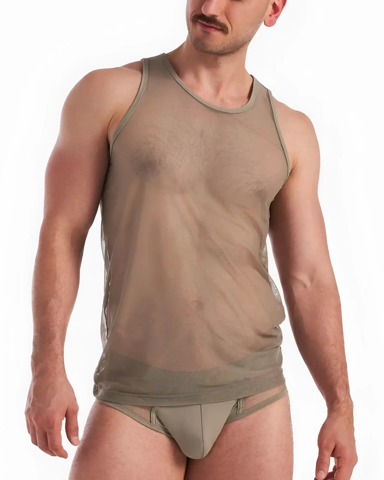 Score sheer tank translucent olive green mesh tank top with solid ribbed neckline and hem