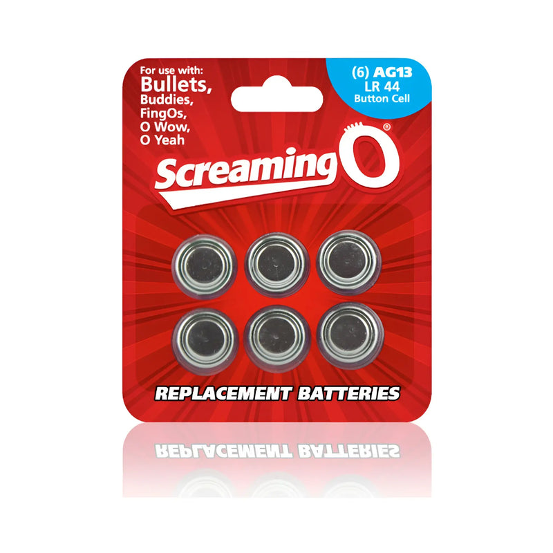 Six silver ag13 lr44 button cell batteries in red blister pack with screaming o brand logo for electronic devices