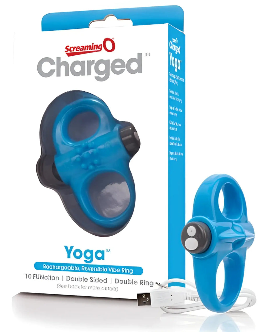 Blue and black screaming o charged yoga rechargeable reversible vibe ring with double sided vibrating design