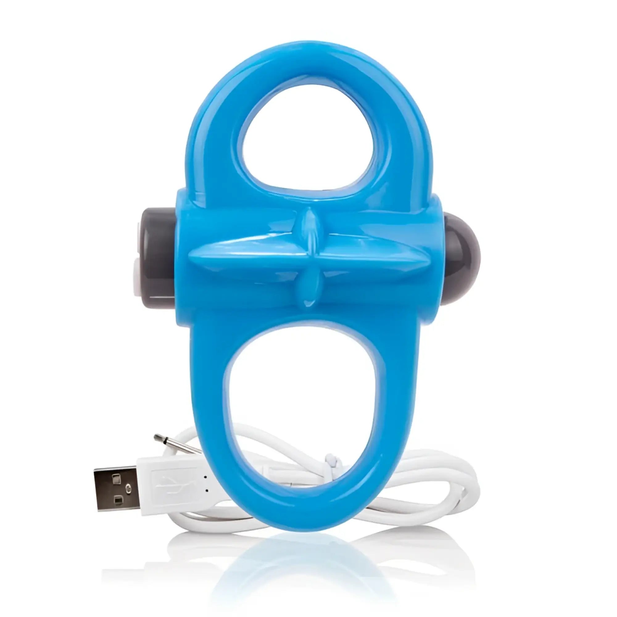 Bright blue plastic Screaming O charged yoga vibrating ring with black cylindrical ends and white USB charging cable