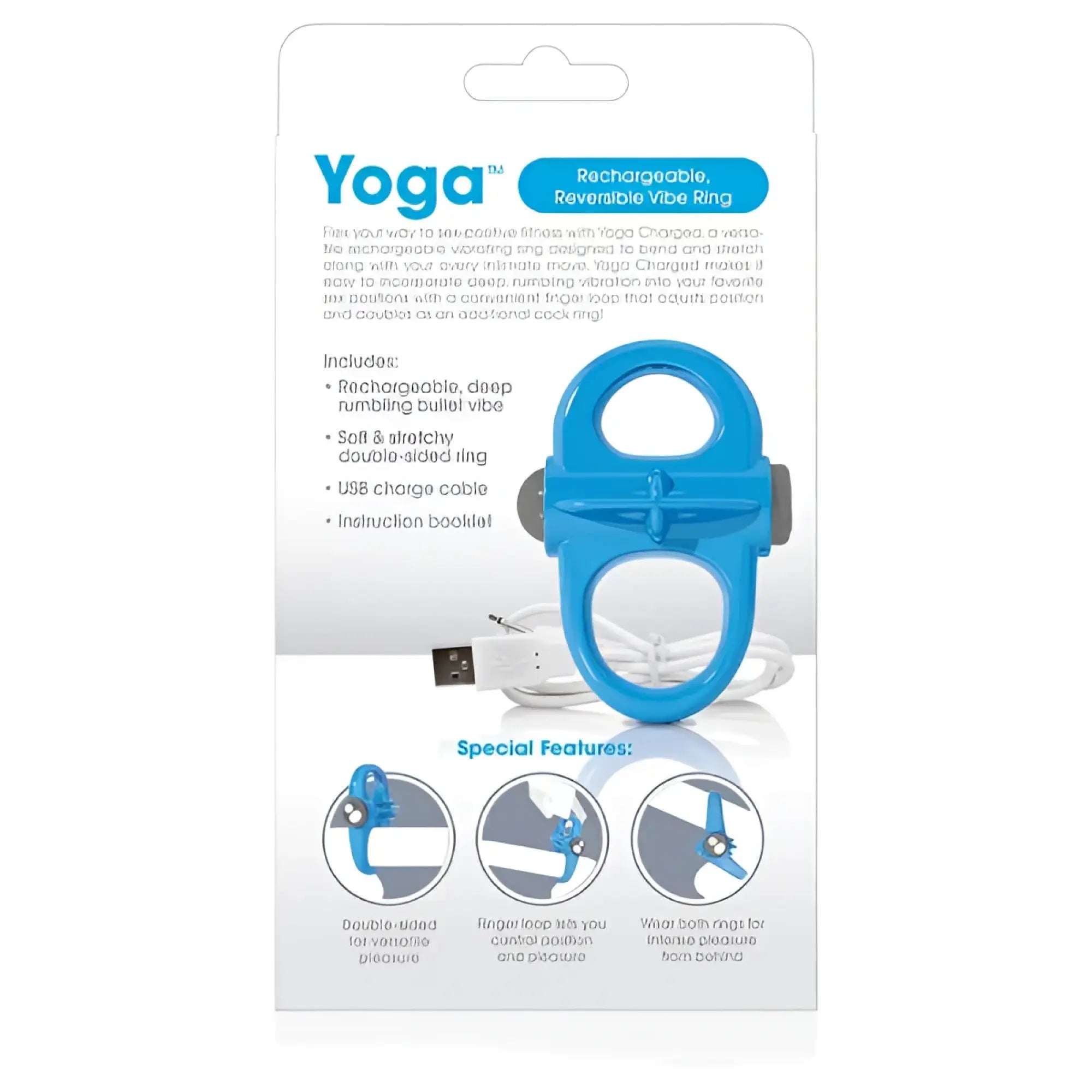 Blue yoga rechargeable vibrating ring with dual-sided design and finger loop for hands-free use