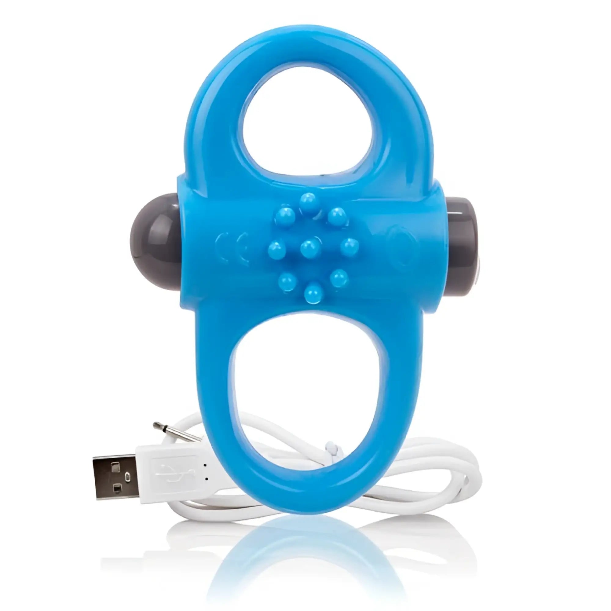 Blue silicone Screaming O charged yoga vibrating ring with black textured knobs and usb charging cable