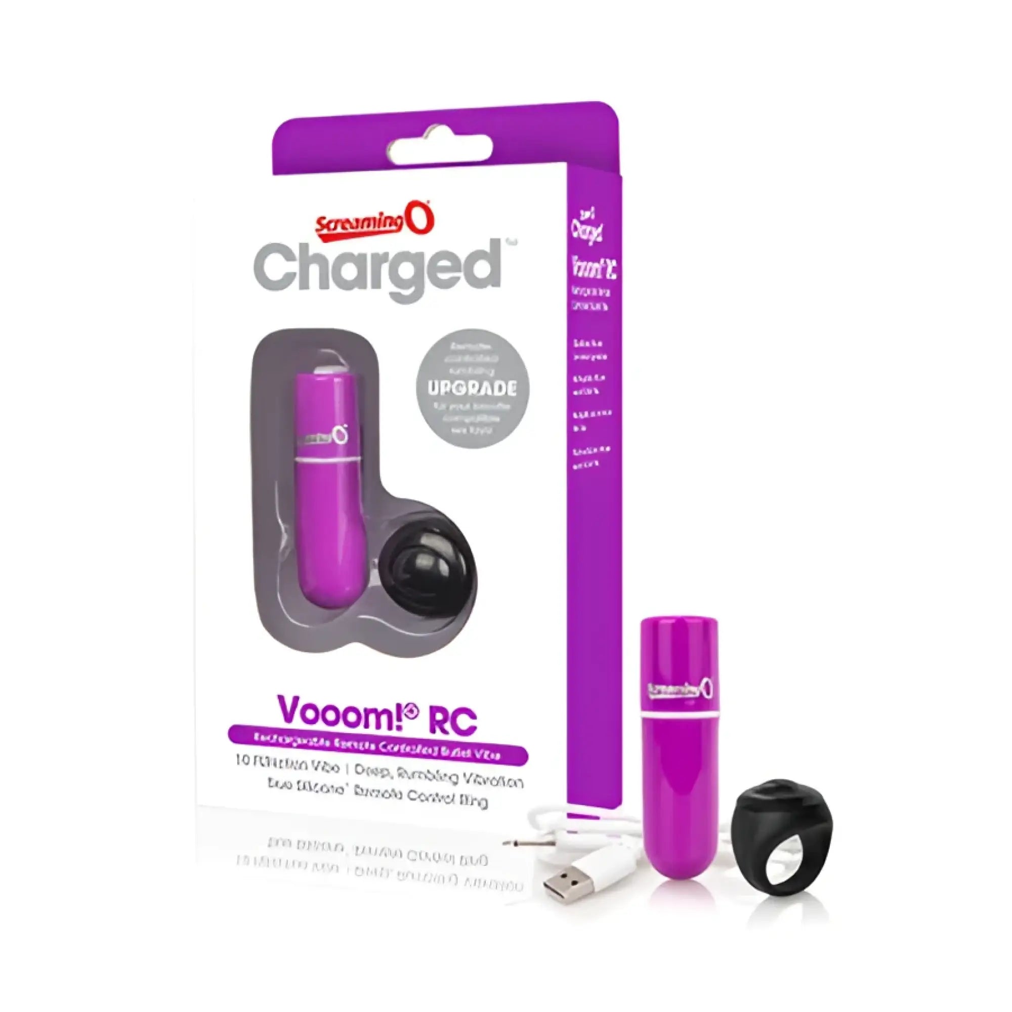 Purple screaming o chgd vooom rc remote-controlled vibrator with black spherical base and usb charging cable