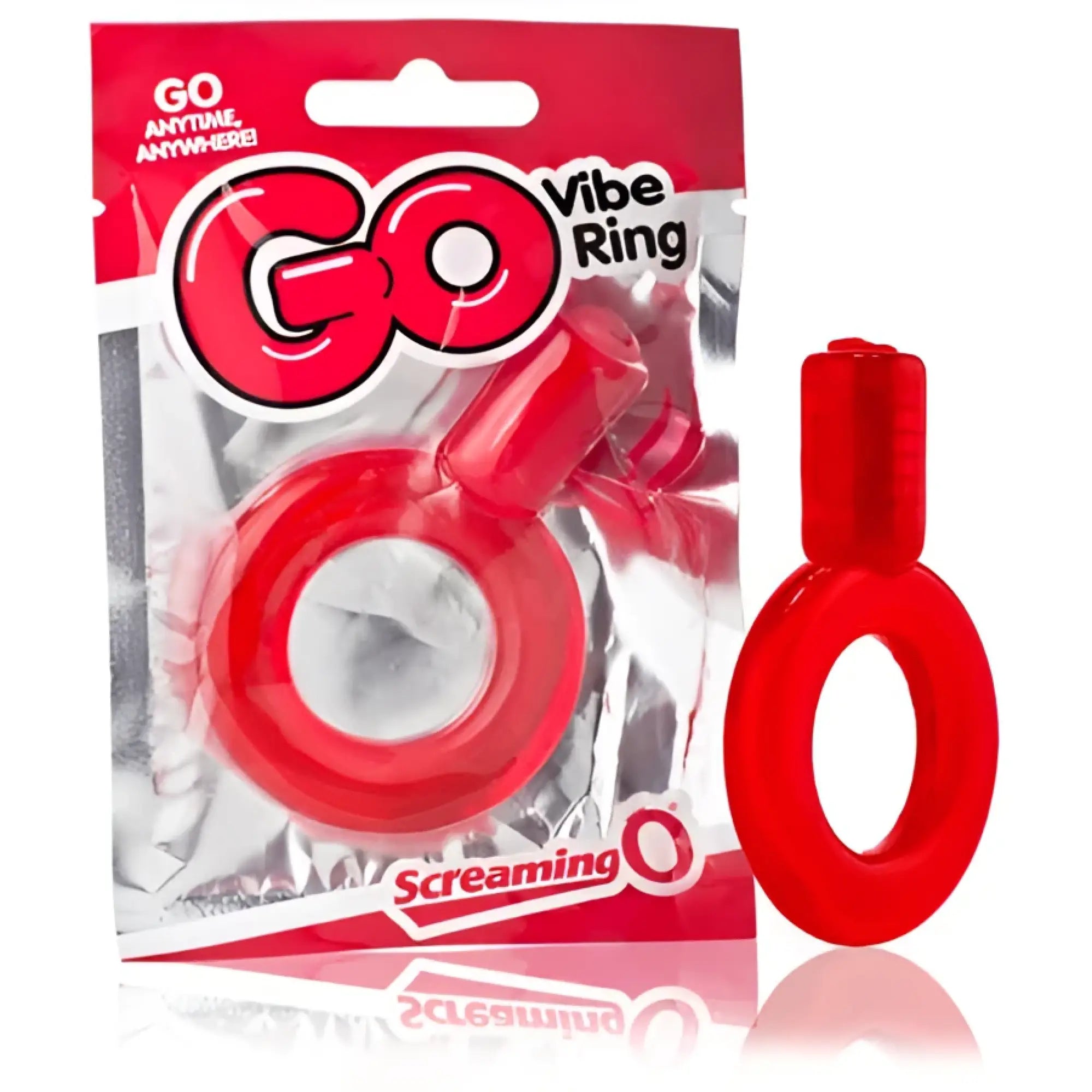 Screaming o go vibe ring in red silicone with circular design and textured grip on top for enhanced stimulation
