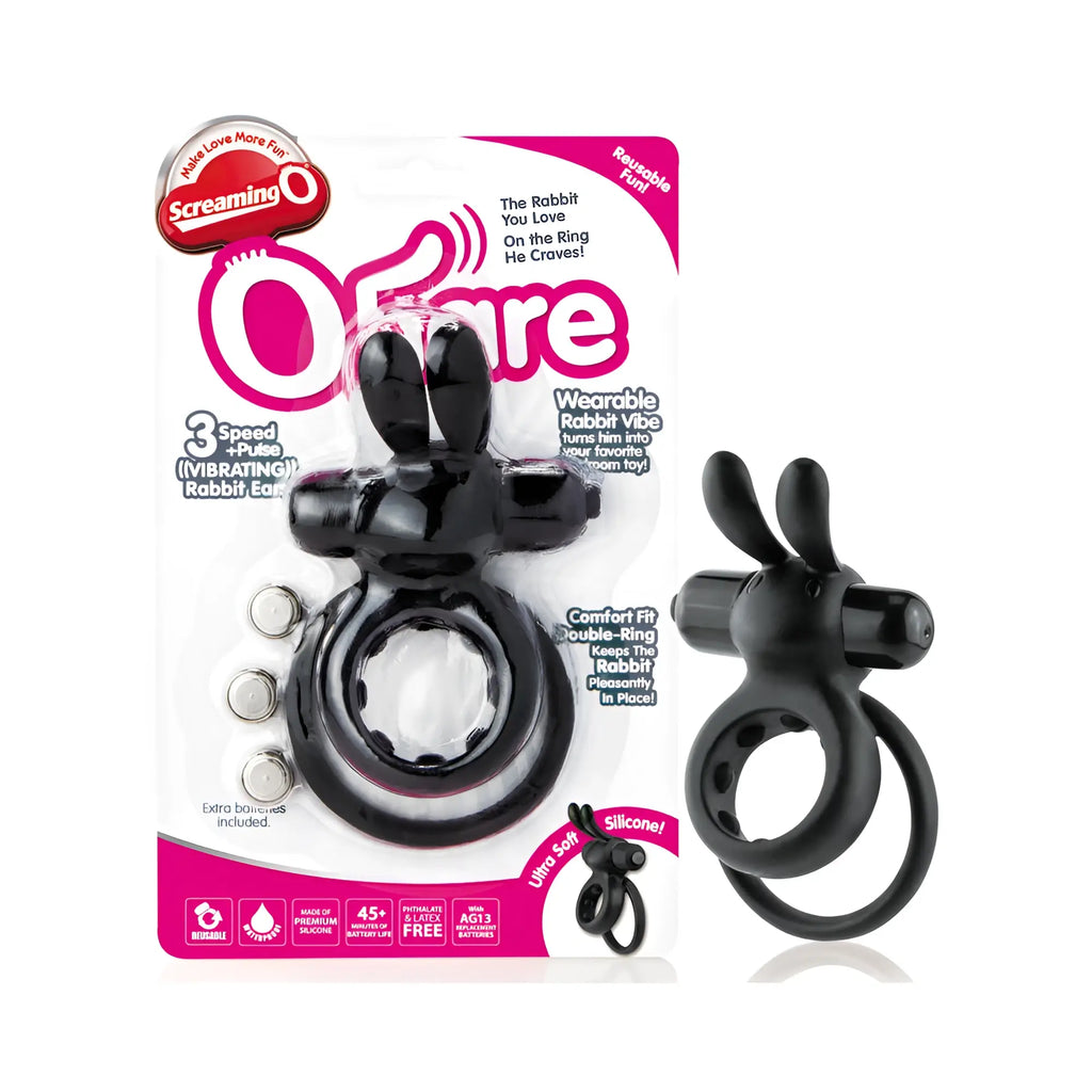 Black silicone wearable rabbit vibe with double-ring design and bunny ears from Screaming O Ohare vibrating rabbit