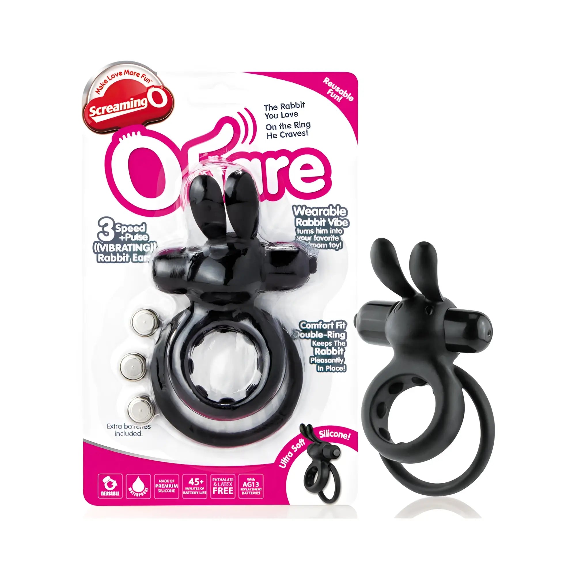 Black silicone wearable rabbit vibe with double-ring design and bunny ears from Screaming O Ohare vibrating rabbit