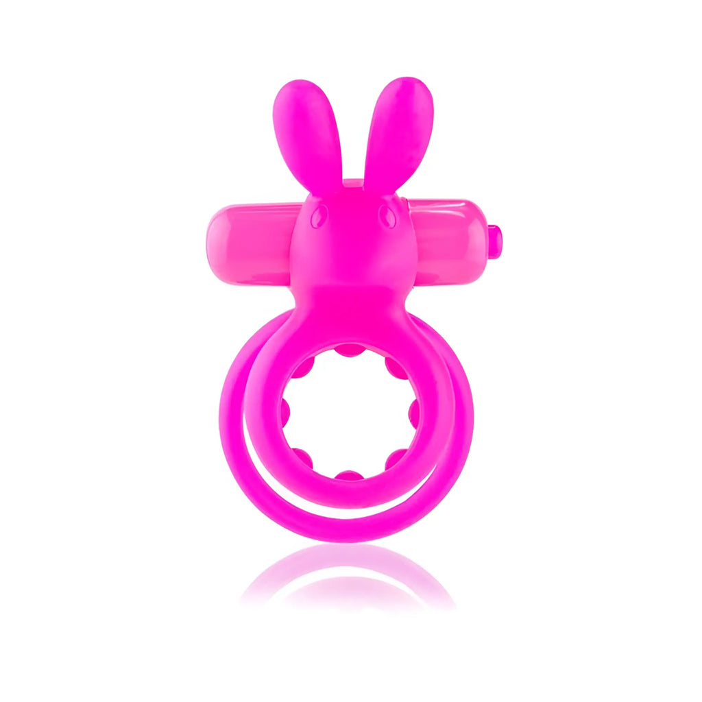 Bright pink Screaming O Ohare vibrating rabbit ring with glossy plastic finish and textured inner ridges