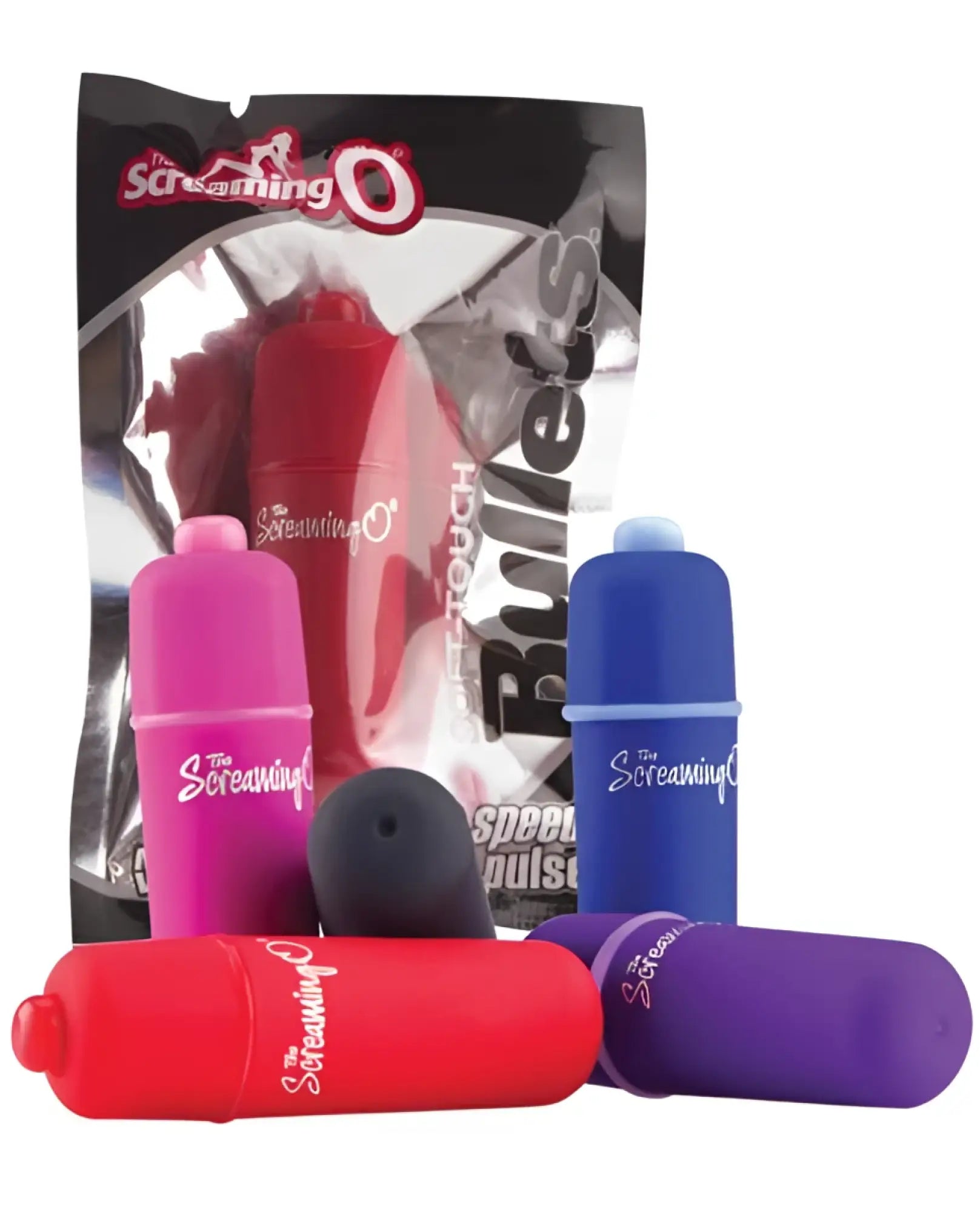 The screaming o touch bullet vibrator collection in bright pink red blue and purple smooth plastic bodies with three speeds