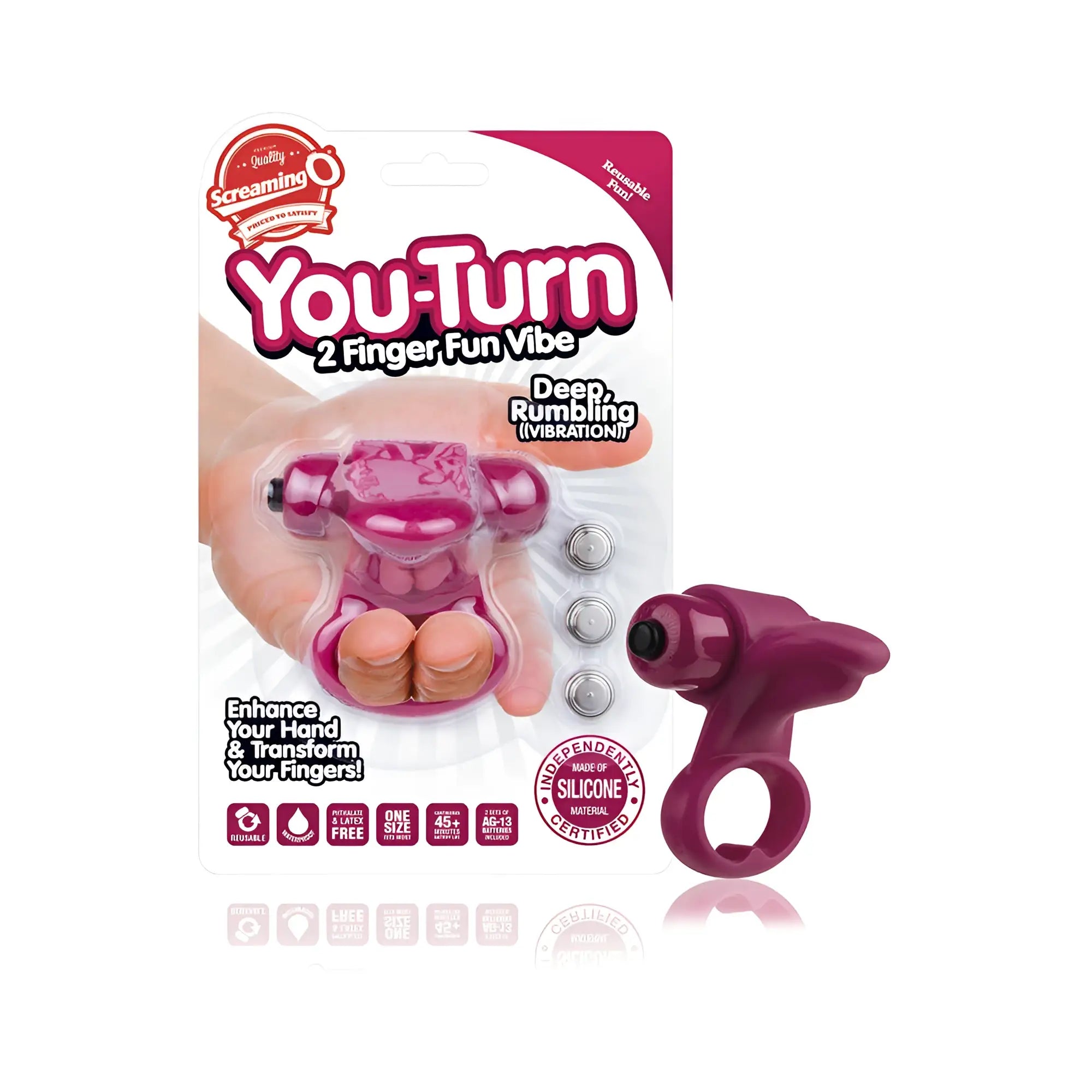 A magenta silicone finger vibrator with ring and handle designed for two-finger use screamin o you turn 2 finger fun