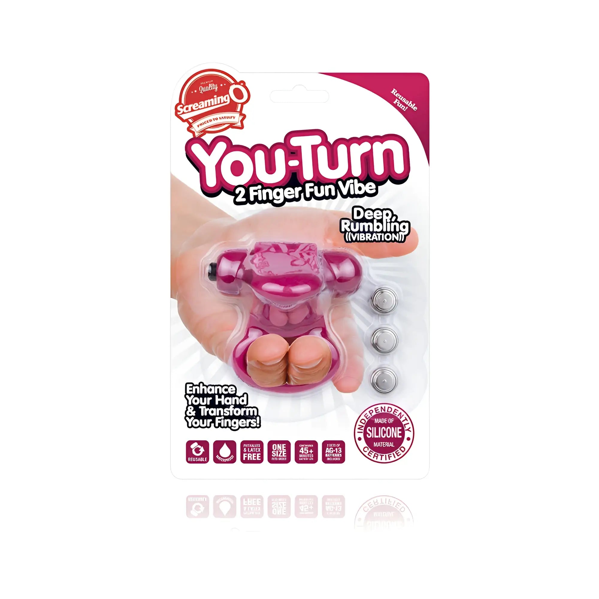 Pink silicone screaming o you turn 2 finger fun vibe with bear shape and three included batteries