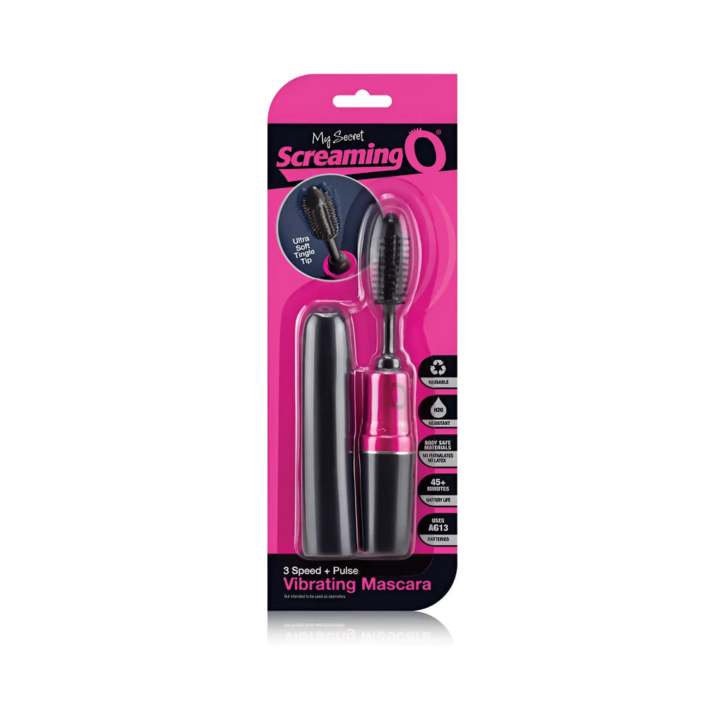 Screaming o vibrating mascara with pink and black design and ultra soft triple tip brush for precise application