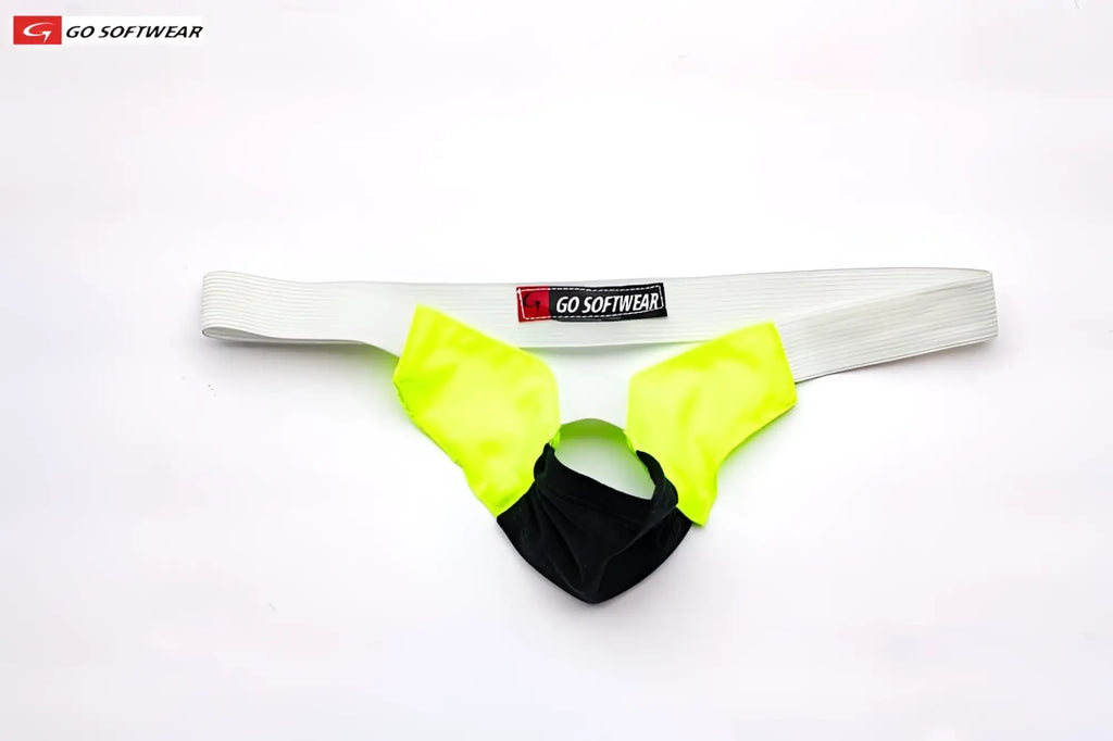 Bright neon green and black softwear athletic briefs with white elastic waistband designed as a scrotal sling