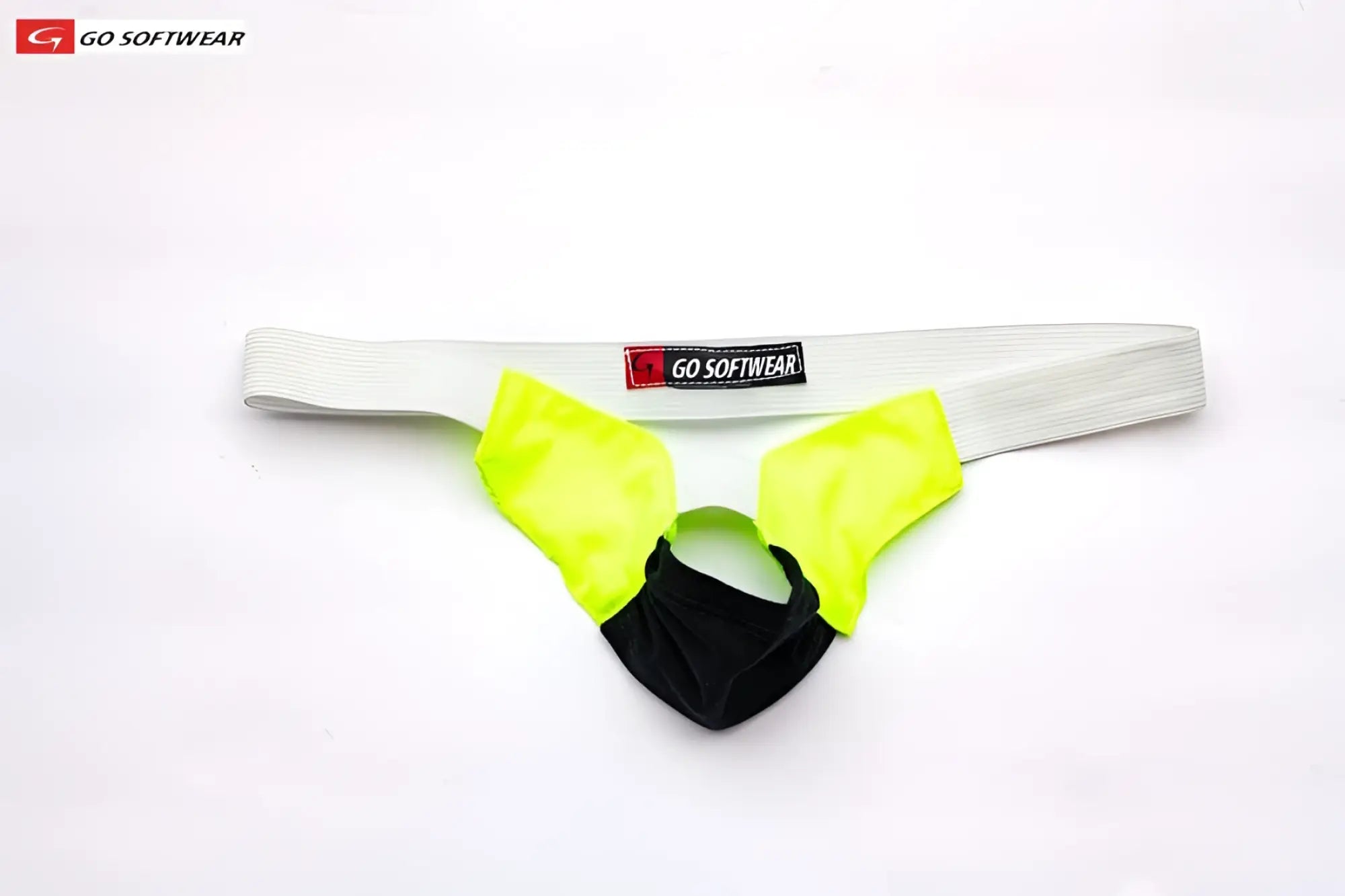 Bright neon green and black softwear athletic briefs with white elastic waistband designed as a scrotal sling
