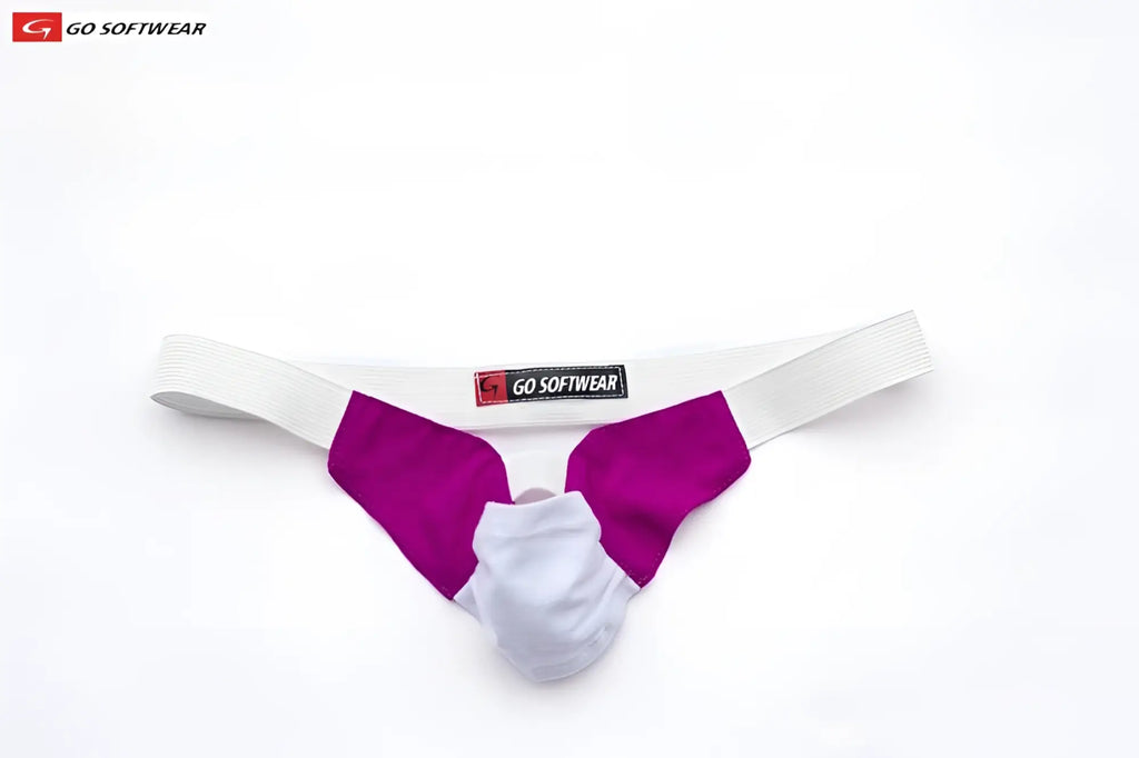 White and purple go softwear men’s briefs scrotal sling with soft stretchy fabric designed for support and comfort