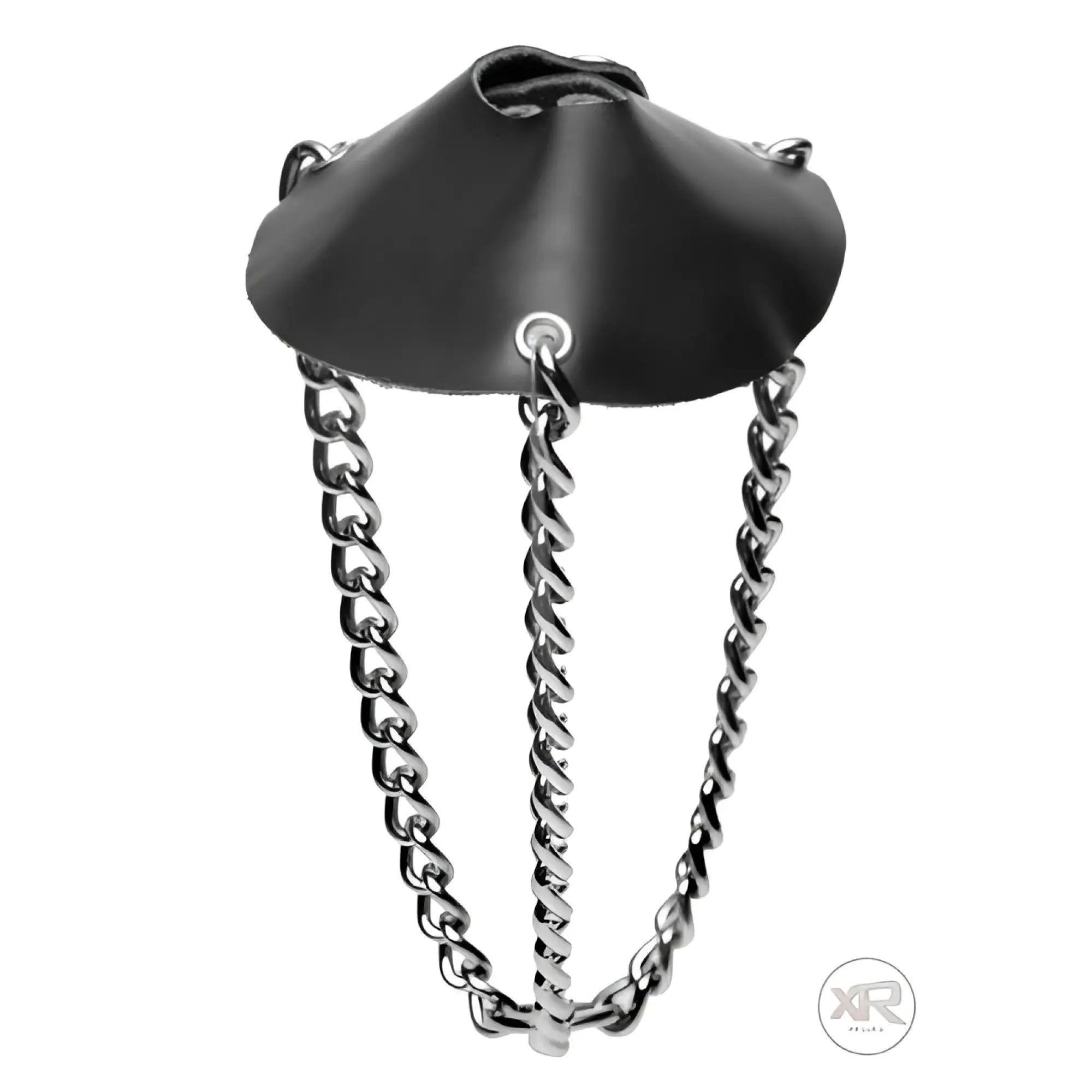 Black leather nipple clamp with silver metal chains from scrotum stretching kit with leash for adjustable tension play