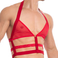Red sheer lace-trimmed harness-style top from secret male sma019 featuring delicate lace and bold straps
