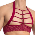 A deep red lace halter top with crisscross straps and floral embroidery from Secret Male SMA021 tops and bras