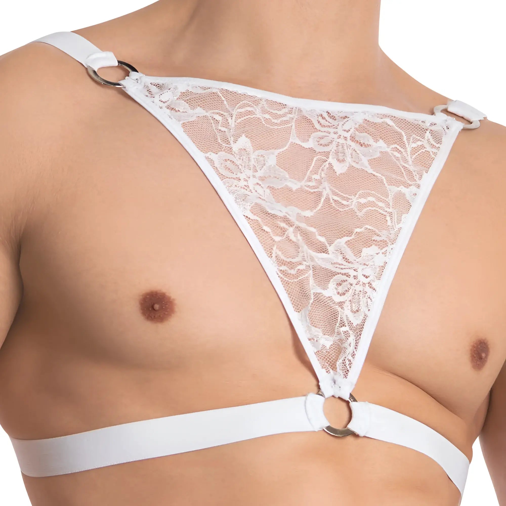 White lace triangle harness with adjustable straps and metal rings for secret male sma022 tops and bras